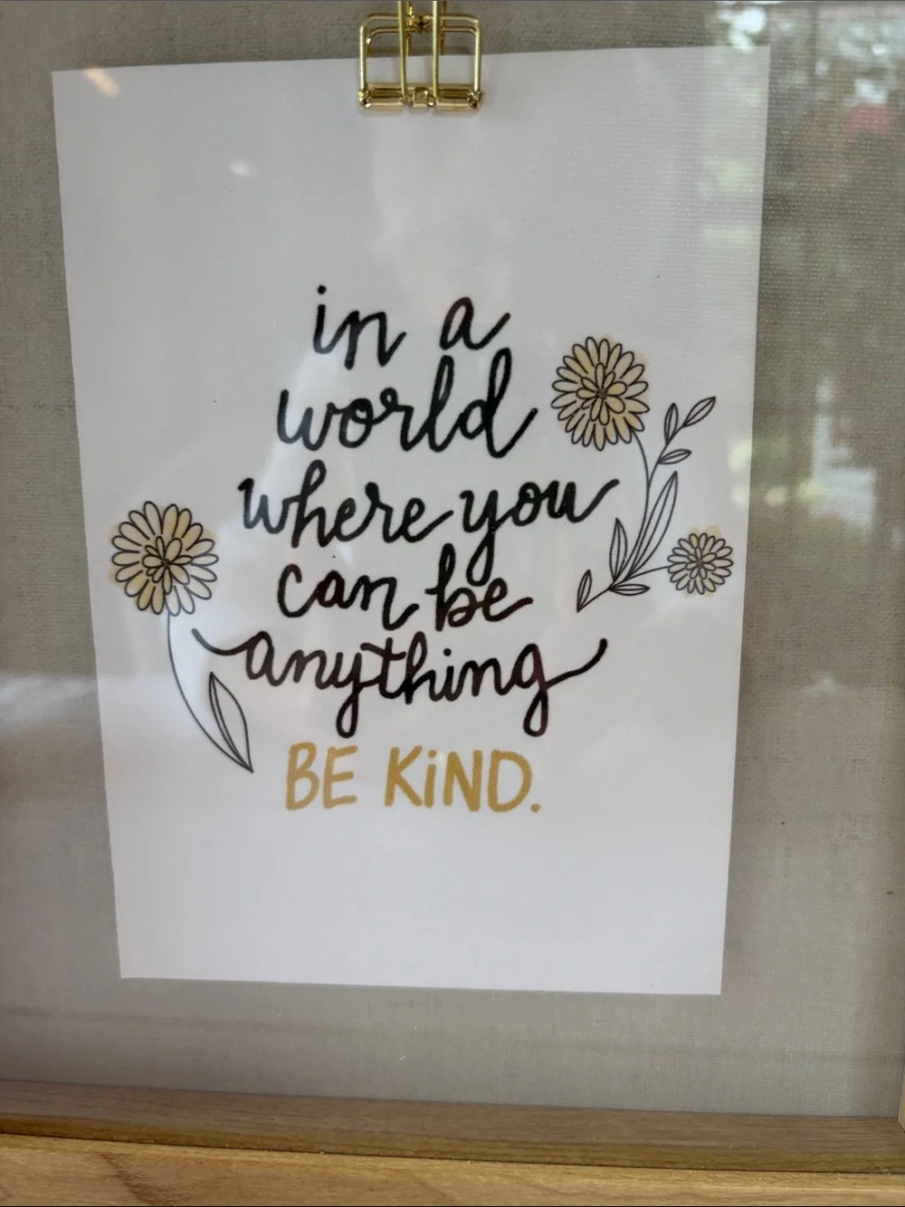 Be Kind Framed Wall Art with Gold Clip - Neutral Wood Finish